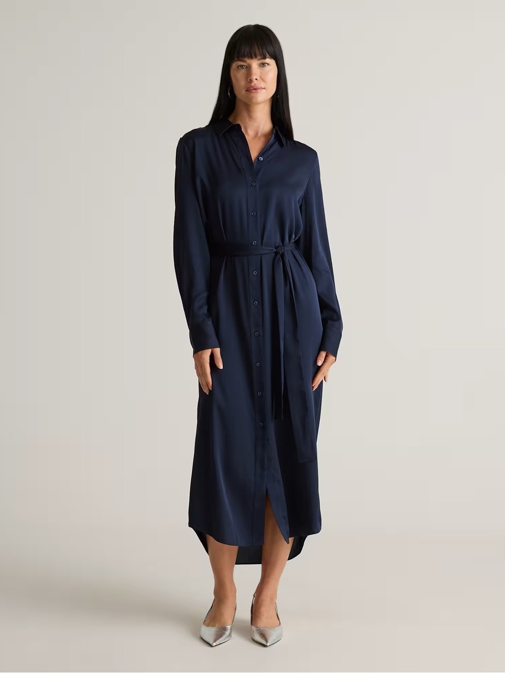 Quince Washable Stretch Silk Maxi Shirt Dress Navy Belted Small